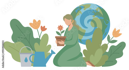 Woman holding potted plant actively cares for Earth's environment, surrounded by lush green foliage and essential gardening tools.