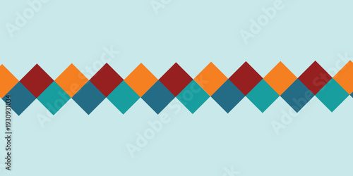 colorful flat design geometric diamond rhombus repeating zigzag border pattern in teal maroon orange on light teal background for decorative banner greeting card and textile illustration design 
