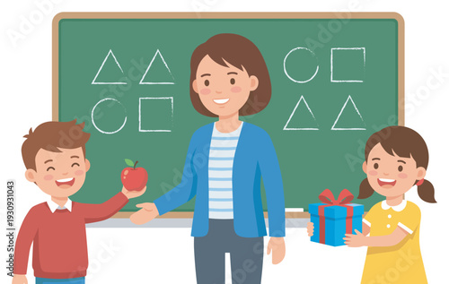 Teacher and students show appreciation with gifts and an apple, celebrating education and learning in a happy classroom.