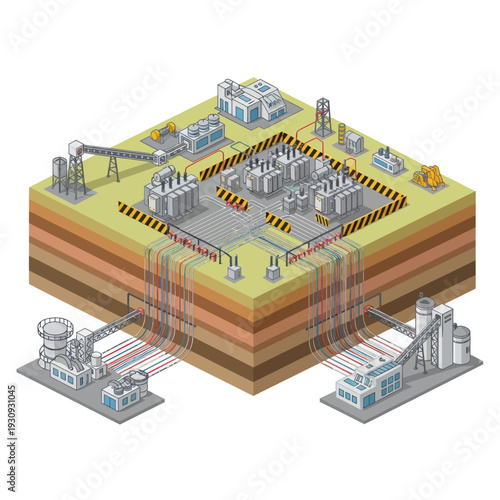 Detailed cross-section illustration of an oil refinery infrastructure.
