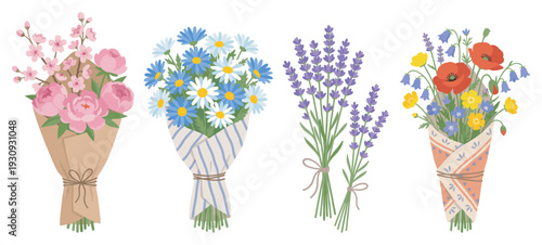 Four beautiful bouquets of various fresh flowers are arranged in a charming collection, perfect for spring and summer celebrations.