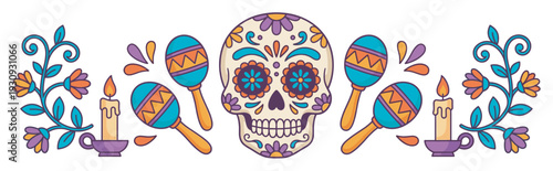 Sugar skull, maracas, and candles celebrate the vibrant Day of the Dead festival with colorful floral decorations.