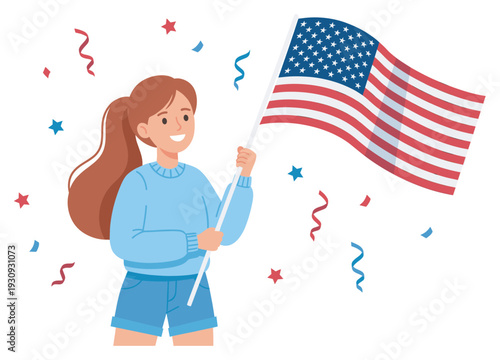 Young woman holds American flag, smiling cheerfully during a festive patriotic celebration with colorful confetti.