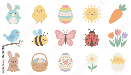 Cute spring and Easter themed illustrations featuring bunnies, chicks, eggs, flowers, and insects in a charming cartoon style.