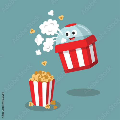 Cute Popcorn Machine Character Making Popcorn.
