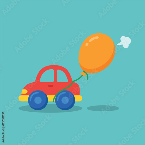 Cute red toy car with orange balloon.