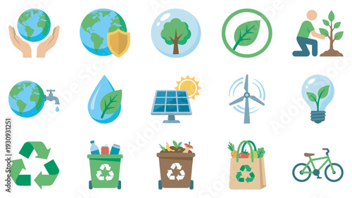Ecology icons representing environmental protection, sustainability, and green living concepts for a better future.