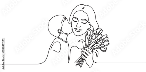 Mother and child share a tender kiss, holding a beautiful bouquet of tulips, symbolizing love, gratitude, and family bonds.