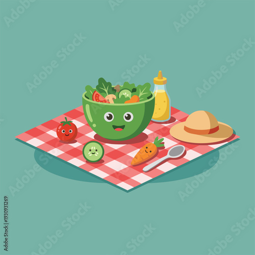 Cute Salad Bowl with Vegetables on Picnic Blanket.