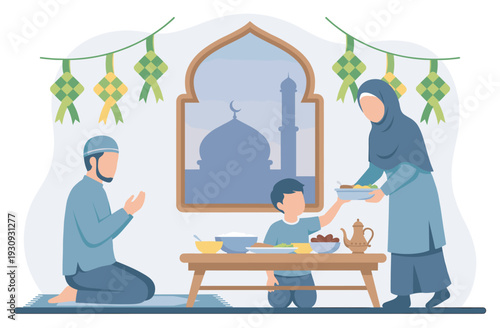 Muslim family celebrates Eid al-Fitr with prayer and food, enjoying a festive meal together after fasting during the holy month of Ramadan.