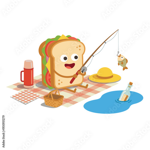 Cute Sandwich Character Fishing by the Water.