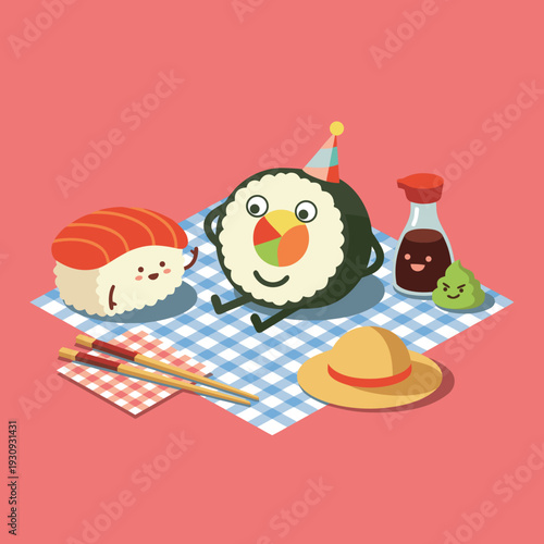 Cute Sushi Characters Having a Picnic Party.