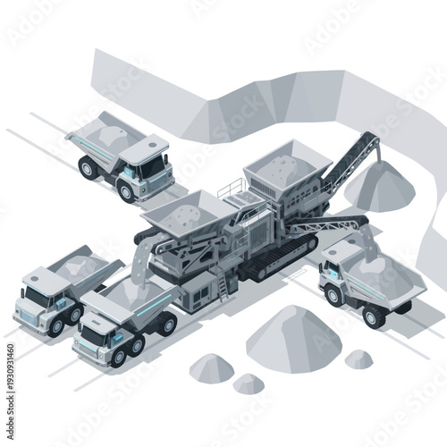 Heavy machinery and trucks in a quarry or mining operation.