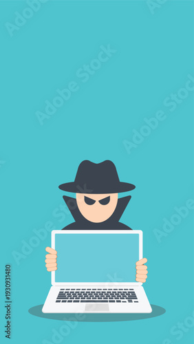 Cybersecurity Phishing Hacker Concept Vector Illustration, Cybercrime Data Theft, Online Fraud Attack, Identity Theft Security Breach, Laptop Hacker Flat Design	