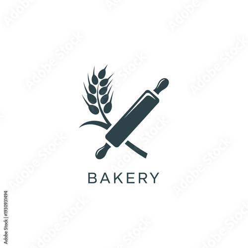 Bakery emblem with crossed rolling pin and wheat stalk for artisan flour brand