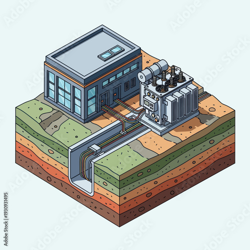 Isometric illustration of a geothermal power plant with layered earth.