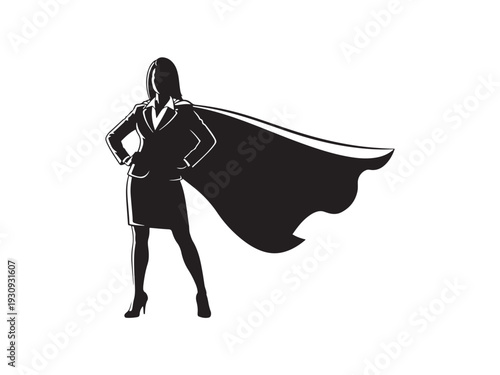 Confident businesswoman with flowing cape standing strong.