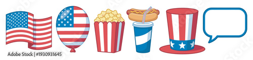Patriotic American celebration items including flag, balloon, popcorn, hot dog, soda, and Uncle Sam hat are perfect for festive designs.