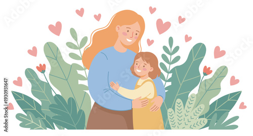 Mother and daughter embracing lovingly surrounded by beautiful green foliage and hearts, symbolizing family bond and happiness.