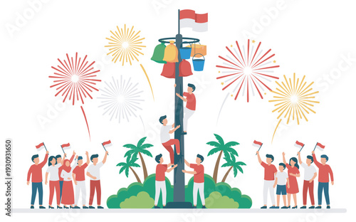 People celebrating independence day with traditional games, climbing a greased pole to win prizes under a festive fireworks display.