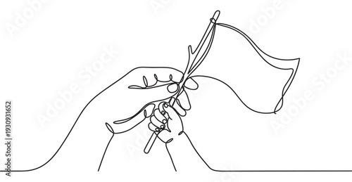 Adult and child hands holding a flag in a minimalist continuous line art illustration symbolizing generational connection and support.
