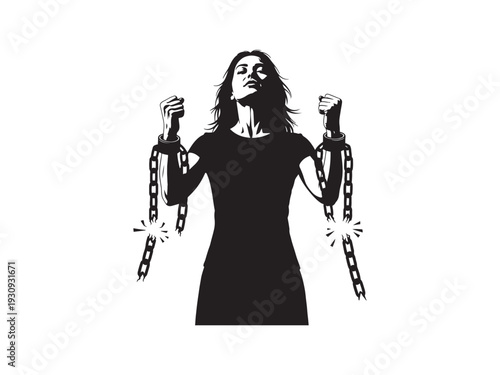 Empowered woman breaking free from chains with strong determination.