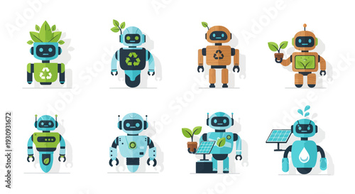 Collection of Eco-Friendly Robots with Green Energy Symbols and Plant Elements.