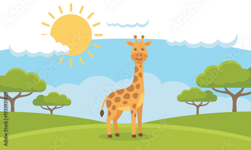 Cute cartoon giraffe stands happily in a vibrant savanna landscape under a bright sunny sky with fluffy clouds.