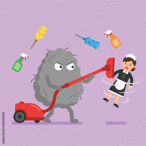 Dust Monster Attacking Maid with Vacuum Cleaner.