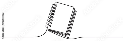Simple continuous line drawing of a spiral notebook standing upright with its pages slightly fanned out, representing education and creativity.