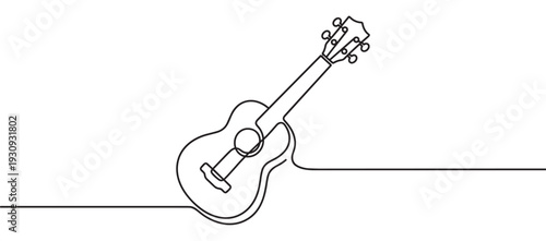 Continuous line drawing of a ukulele, a small stringed musical instrument often associated with Hawaiian culture and folk music.