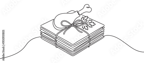 Continuous line drawing stack of napkins, chicken leg, and parsley tied with a decorative bow, symbolizing a meal.