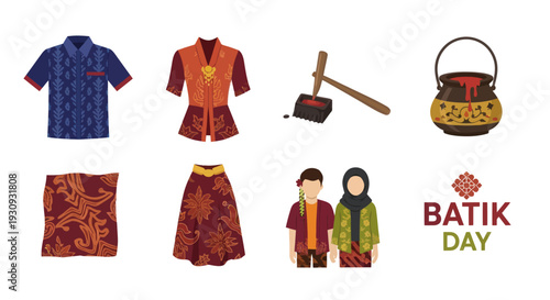 Traditional Indonesian Batik Clothing Fabric and Waxing Tools Collection.