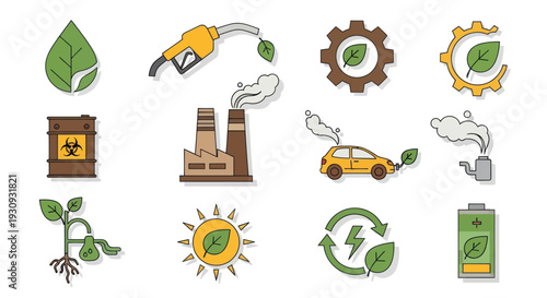 Eco-friendly and Industrial Energy Icons Set: Green Leaf Solar Electric Car Factory Fuel Pump.