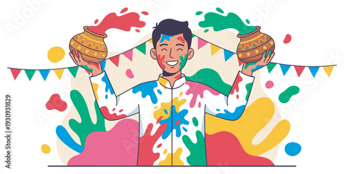 Happy man celebrating Holi festival with colorful powders and traditional pots, surrounded by festive decorations.