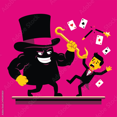 Evil magician with a hook and a scared assistant.