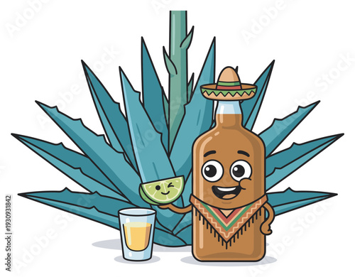 Cheerful tequila bottle character wearing a sombrero and poncho holds a winking lime slice next to a shot glass in front of an agave plant.