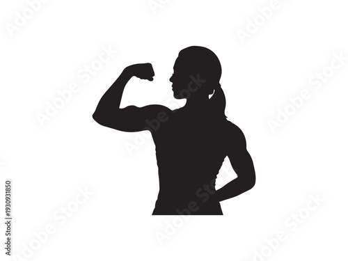 Strong woman flexing her muscles in confident pose.