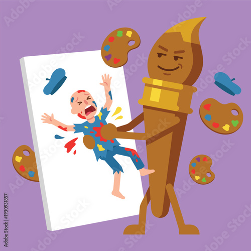 Evil paintbrush torturing a child artist with paint.