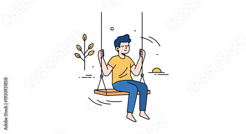 Young man with blue hair sitting on a wooden swing enjoying leisure time.