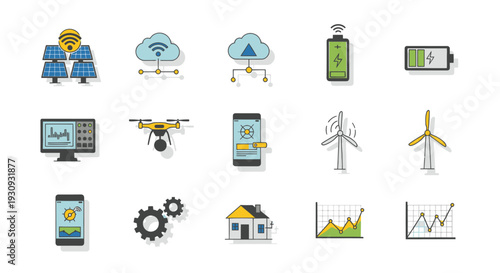 A colorful flat icon set representing smart technology renewable energy IoT and data monitoring concepts.