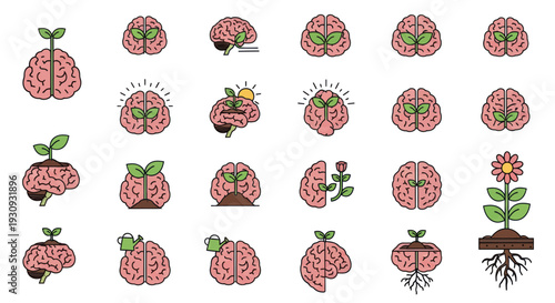 Cartoon human brains with plant growth sprouts roots and flowers symbolizing ideas and development.