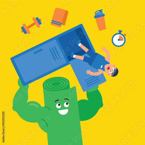 Fitness Mat Character Lifting Weights and Person.