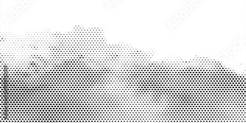 Black particles splash on a white background. Black dot dust scatters under the different shapes of the art background.