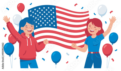 Two happy people celebrate American flag with balloons and confetti, expressing joy and patriotism for a national holiday or event.