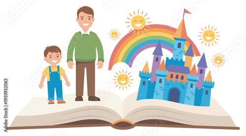 Father and son enjoying a magical storybook adventure featuring a vibrant castle, a cheerful rainbow, and smiling suns.