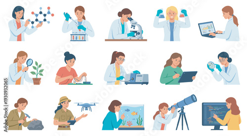 Women scientists and engineers are actively engaged in various STEM fields and research activities, showcasing diverse professional roles.