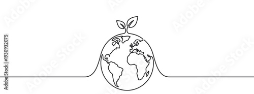 Earth globe with plant leaves growing from it in a continuous line art drawing symbolizing environmental protection and sustainable development.