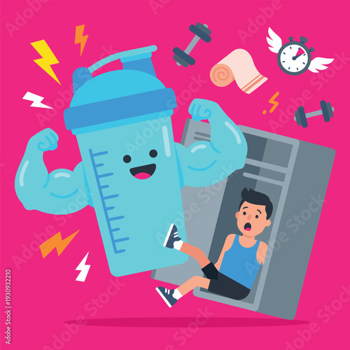 Funny cartoon protein shaker with muscular arms lifting a person out of a gym locker.