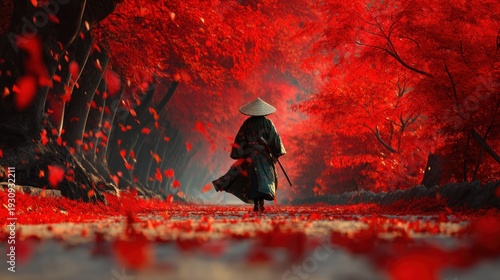 Samurai warrior in a traditional hat walking through red autumnal forest